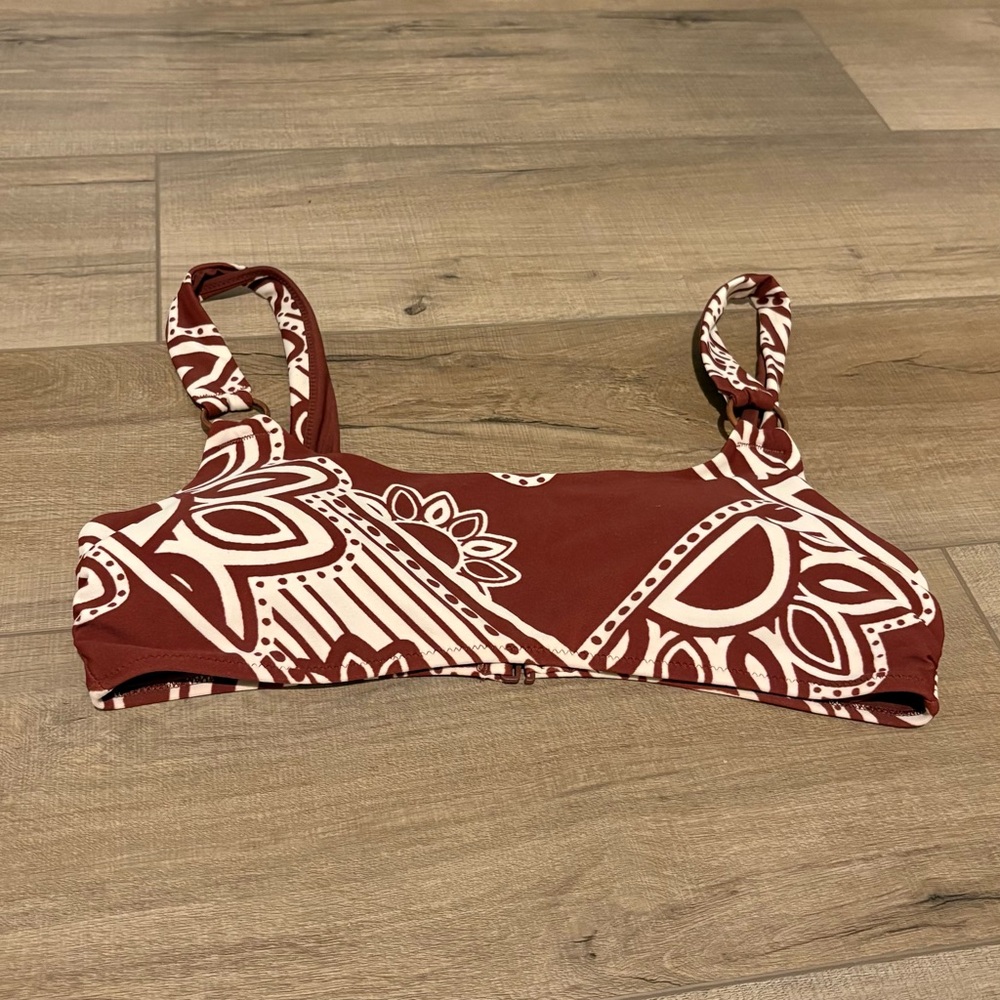 Aerie Boho Henna Floral O Ring Scoop Bikini Top Brown White Size Medium